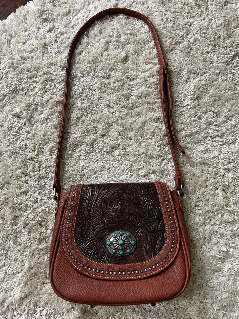 Trinity Ranch Brown Tooled Leather Crossbody Bag with Turquoise Concho Rodeo
